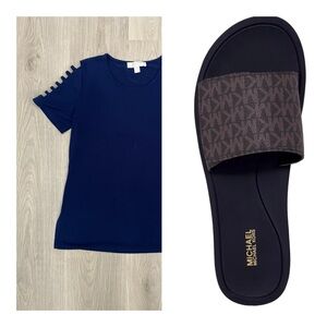 NWT!! Michael Kors Navy Tee & Brown Monogram Slide Sandal